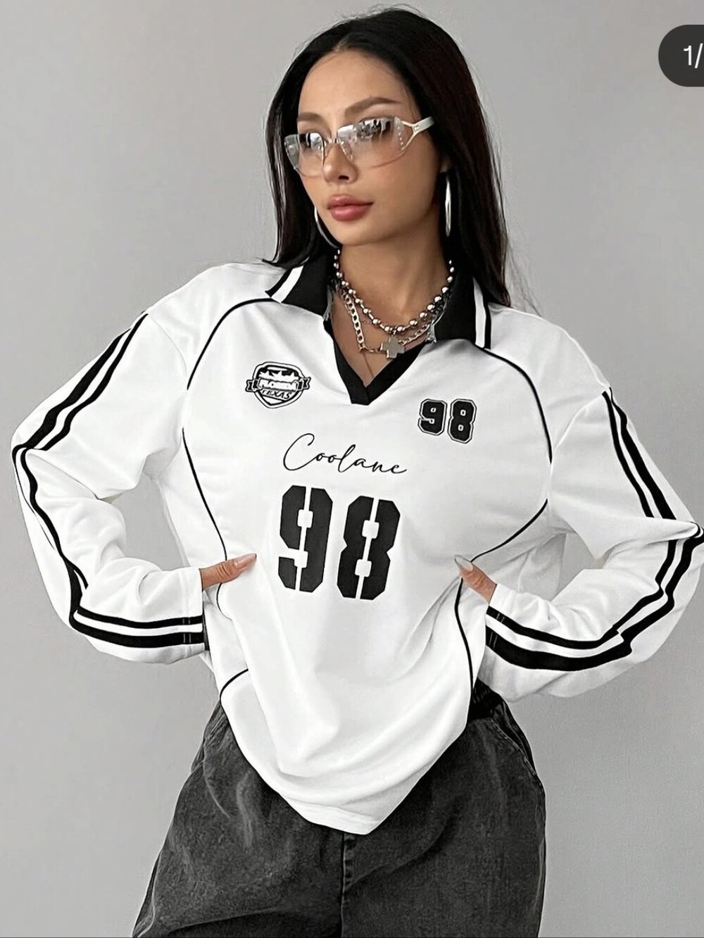 COOLANE White and Black Rugby-Style Long Sleeve Jersey Size Medium